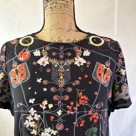 Piccione Piccione Black Floral Short Sleeve 100% Silk Blouse Top Sz 8/44 Italy - Picture 2 of 11